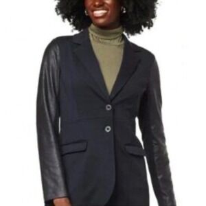 NWT DQ2 Donna Karan Blazer Jacket Black Faux Leather Sleeves Size Large